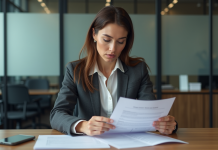 Demande d’accompagnement : tout savoir pour y répondre hiérarchiquement! Femme en tenue professionnelle examinant un formulaire au bureau