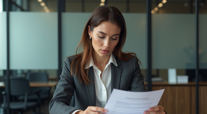 Femme en tenue professionnelle examinant un formulaire au bureau