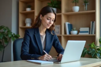 Femme en costume de bureau prenant des notes dans un espace organisé