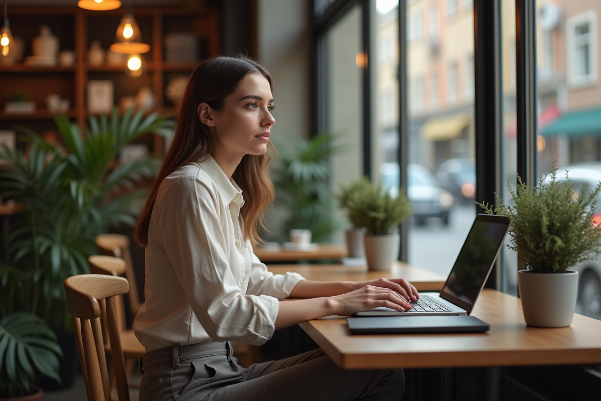 Jeune femme au café tapant sur son ordinateur portable