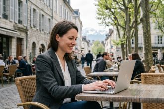 Femme souriante au café à Pau avec Pyrenees en fond