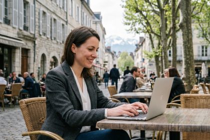 Femme souriante au café à Pau avec Pyrenees en fond