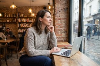 Femme réfléchissant dans un café cosy en France