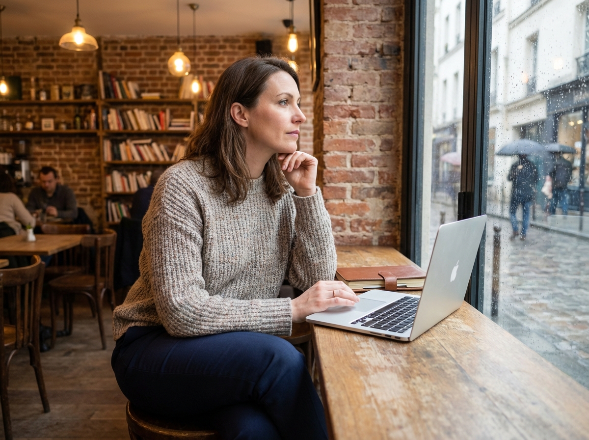Femme réfléchissant dans un café cosy en France