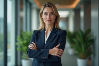 Femme d'âge moyen en costume navy dans un bureau moderne