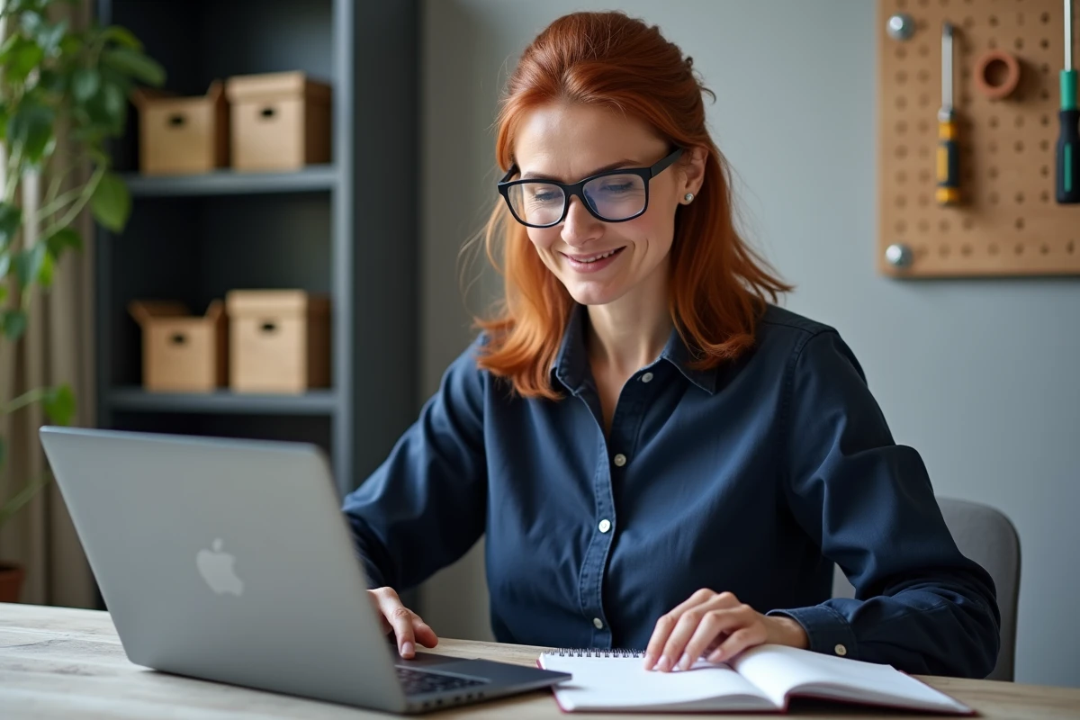 Femme suivant un cours de bricolage en ligne sur ordinateur portable avant d'investir dans des outils professionnels