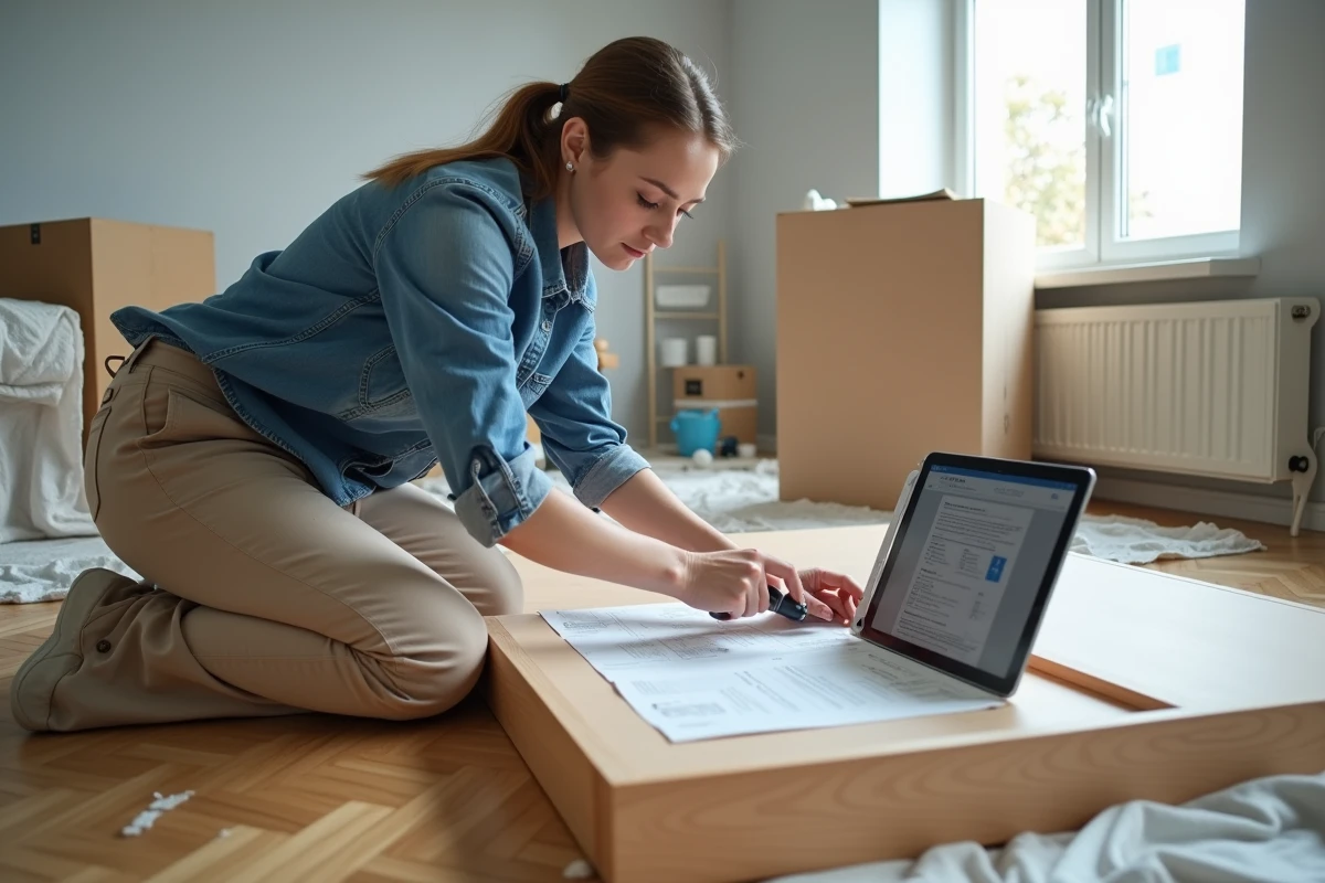 Femme assemblant un meuble en kit en suivant des instructions sur tablette, formation bricolage débutant à domicile