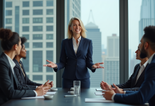 Leadership : Comprendre l’objectif principal et son importance dans le management Femme en costume navy lors d'une réunion de direction