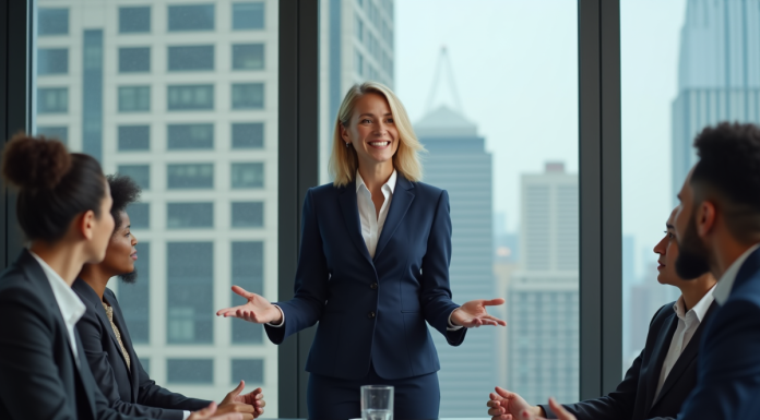 Femme en costume navy lors d'une réunion de direction