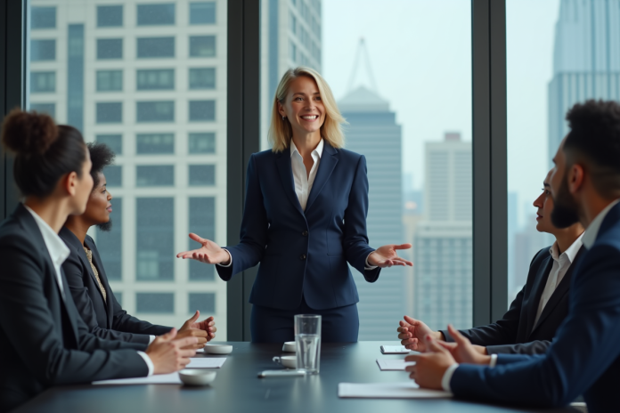 femme-dirigeante-conference Femme en costume navy lors d'une réunion de direction