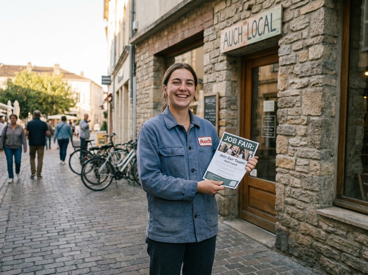 Jeune femme en uniforme avec flyer d