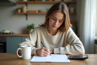 Jeune femme à la maison prenant des notes et calculant