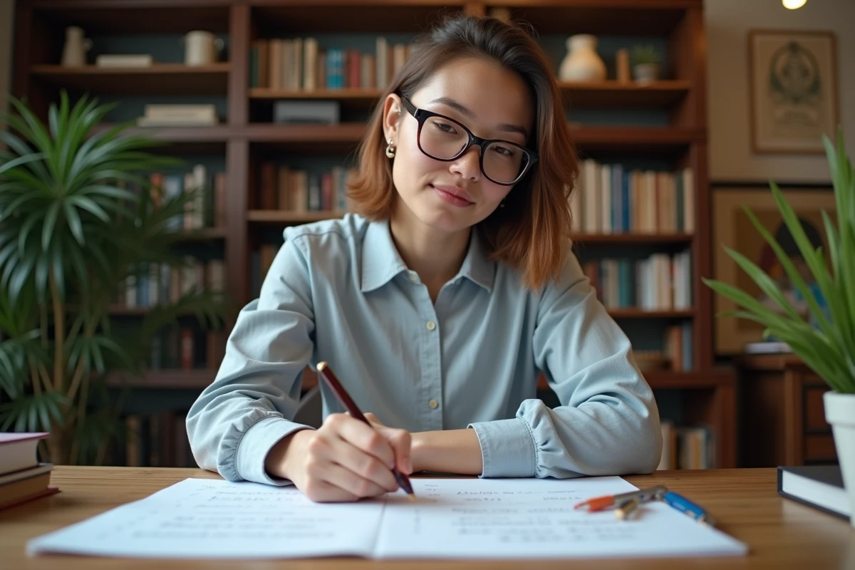 Jeune femme en étude de probabilités dans un bureau