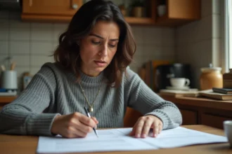 Femme étudiant les questions du test de naturalisation française à la maison avec des notes manuscrites