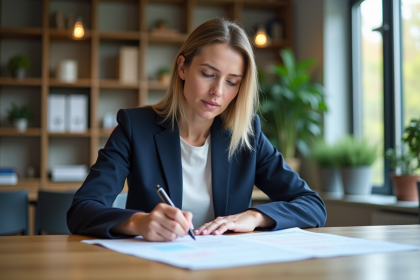 Femme d'âge moyen examinant des formulaires d'évaluation dans un bureau moderne