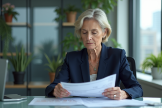 Femme d age moyen en costume bleu dans un bureau moderne
