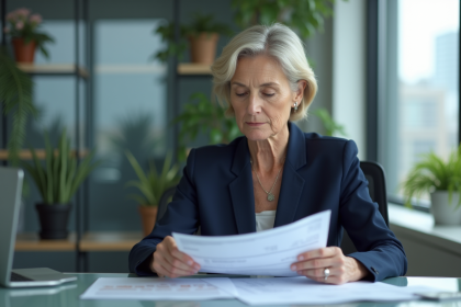 Femme d age moyen en costume bleu dans un bureau moderne