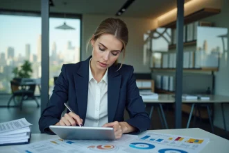 Femme d'affaires analysant des graphiques financiers sur une tablette