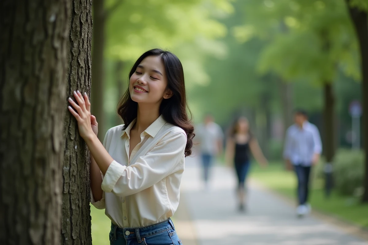 Jeune femme contemplant un arbre dans un parc urbain