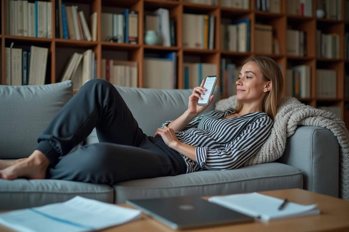Femme se formant à la comptabilité sur smartphone depuis son canapé après sa journée de travail dans un appartement cosy