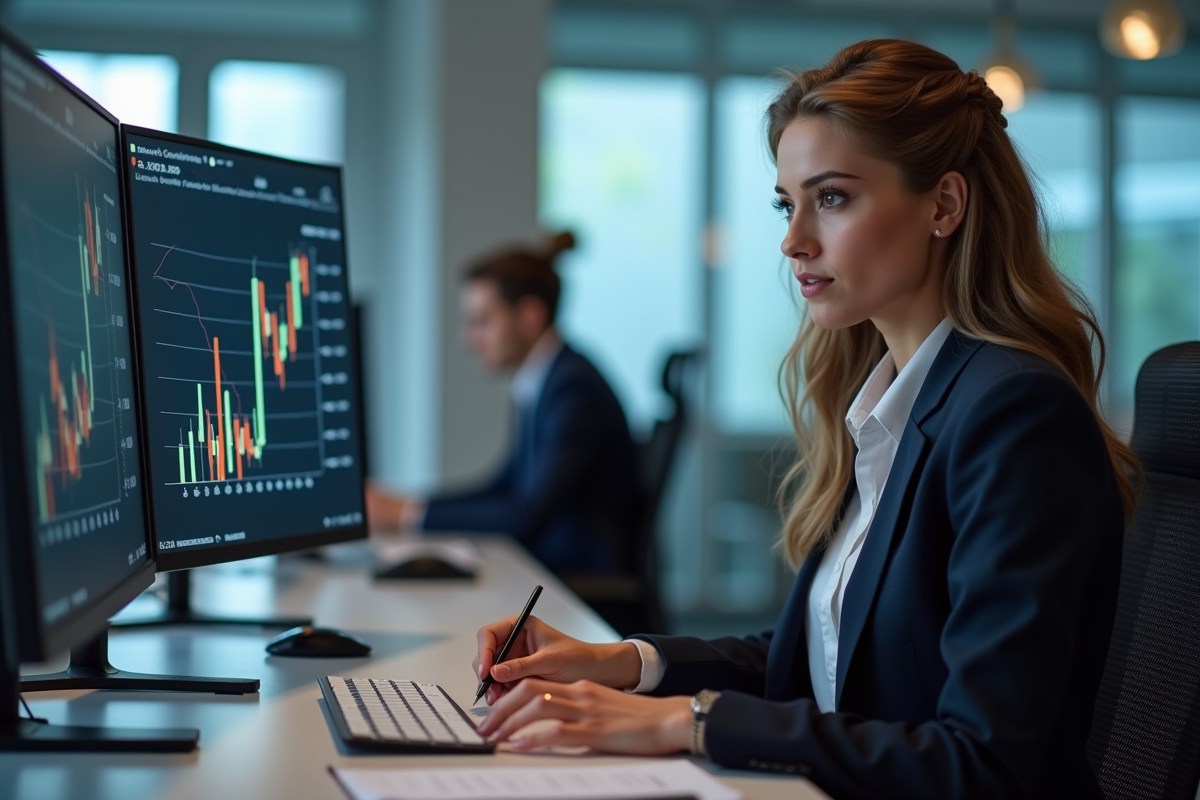 Jeune femme en entreprise consulte des graphiques sur ordinateur