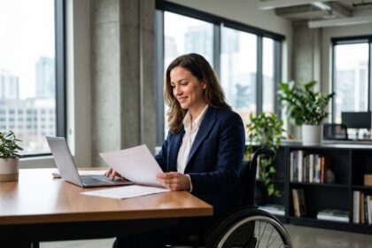Femme en fauteuil roulant travaillant avec confiance dans un bureau moderne, illustrant l'ambition professionnelle malgré un handicap