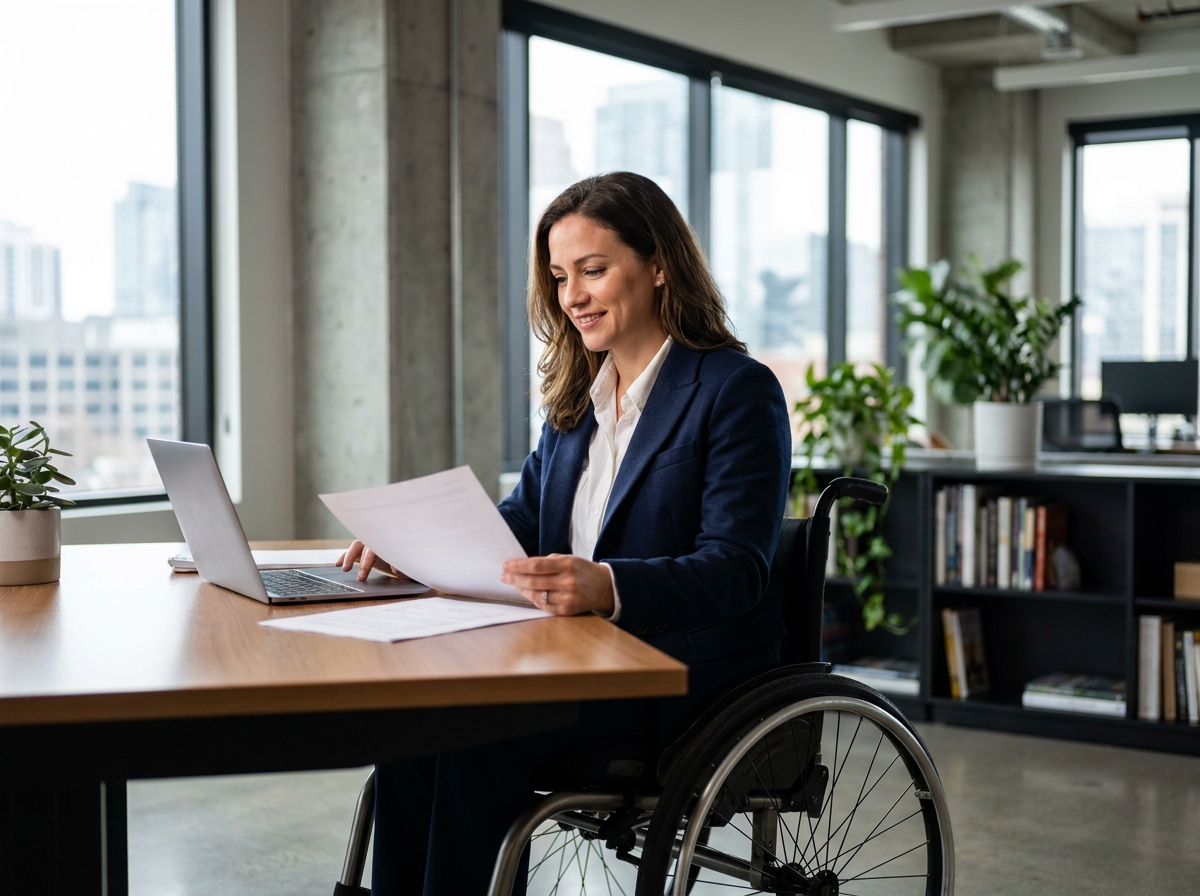 Femme en fauteuil roulant travaillant avec confiance dans un bureau moderne, illustrant l'ambition professionnelle malgré un handicap