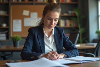 Femme en réunion lisant des documents professionnels