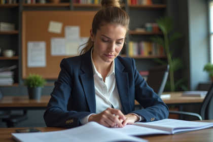 Femme en réunion lisant des documents professionnels
