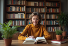 Cultiver sa culture : 10 astuces pour s’enrichir intellectuellement Femme lisant un livre dans une bibliothèque chaleureuse