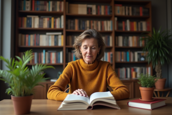 Femme lisant un livre dans une bibliothèque chaleureuse
