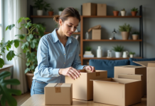 Comment organiser son travail d’emballage à domicile ? Femme organisée avec des cartons dans un salon cosy