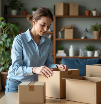 Femme organisée avec des cartons dans un salon cosy