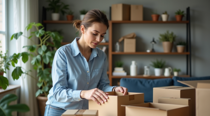 Femme organisée avec des cartons dans un salon cosy