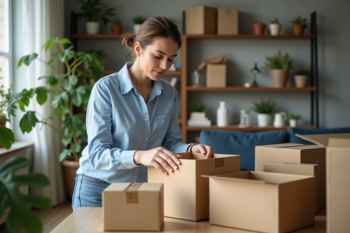 Femme organisée avec des cartons dans un salon cosy