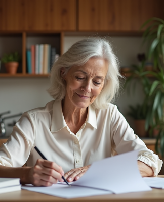 Femme d'une soixantaine remplit des papiers dans la cuisine
