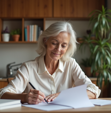 Femme d'une soixantaine remplit des papiers dans la cuisine