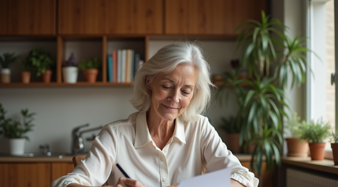 Femme d'une soixantaine remplit des papiers dans la cuisine