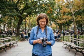Femme photographiant dans un parc en automne