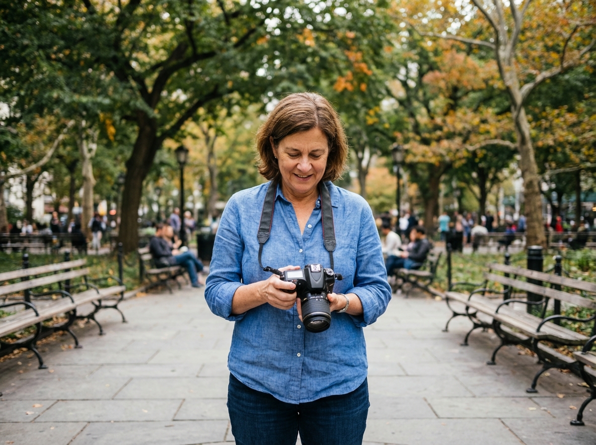 Femme photographiant dans un parc en automne
