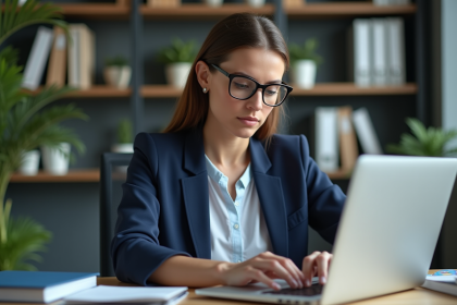 Femme professionnelle en bureau moderne travaillant sur son ordinateur