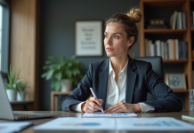 Femme d'âge moyen en blazer dans un bureau moderne