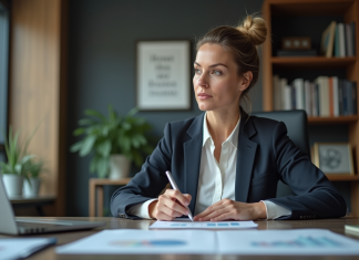 Femme d'âge moyen en blazer dans un bureau moderne