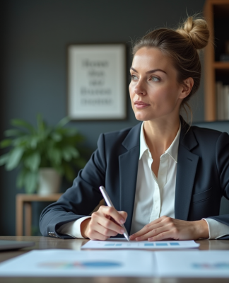 Femme d'âge moyen en blazer dans un bureau moderne