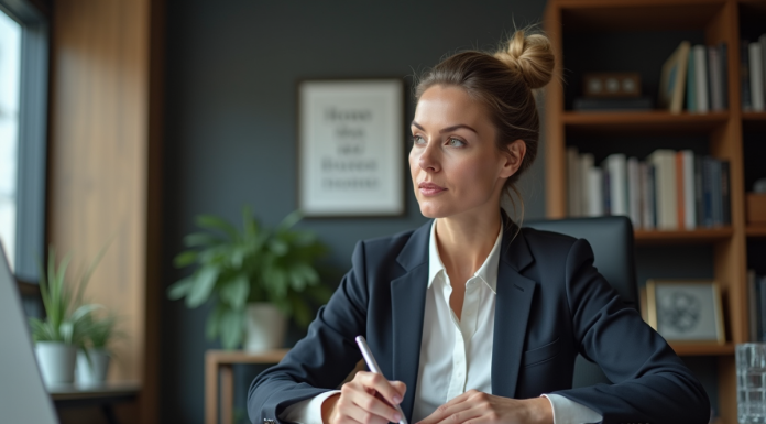 Femme d'âge moyen en blazer dans un bureau moderne