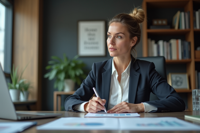 Femme d'âge moyen en blazer dans un bureau moderne