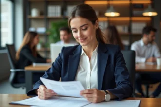 Femme professionnelle consultant des documents de certification VAE sur un bureau en bois dans un espace de coworking moderne