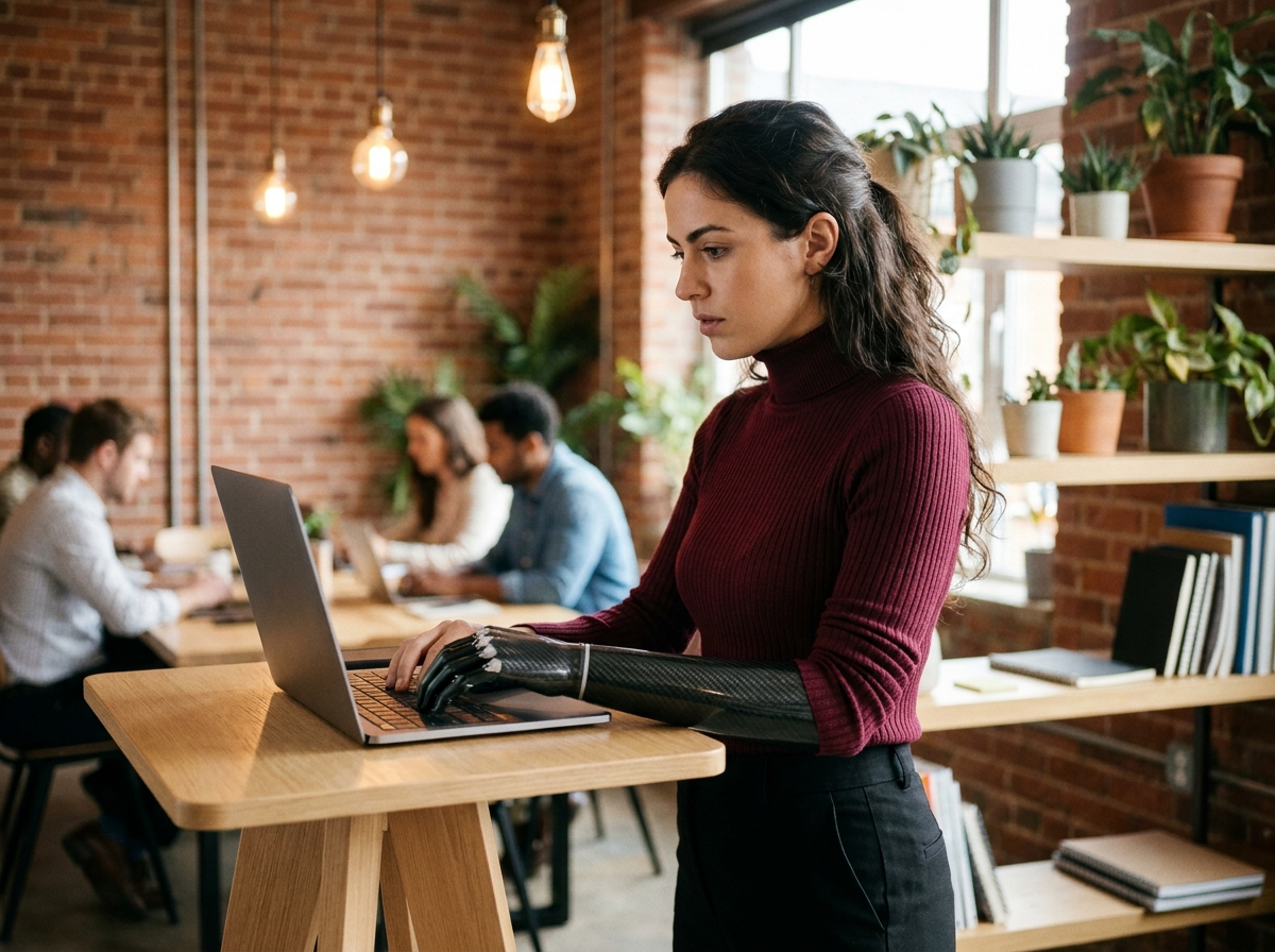Jeune femme avec prothèse de bras travaillant sur ordinateur dans un espace de coworking, symbole de résilience professionnelle