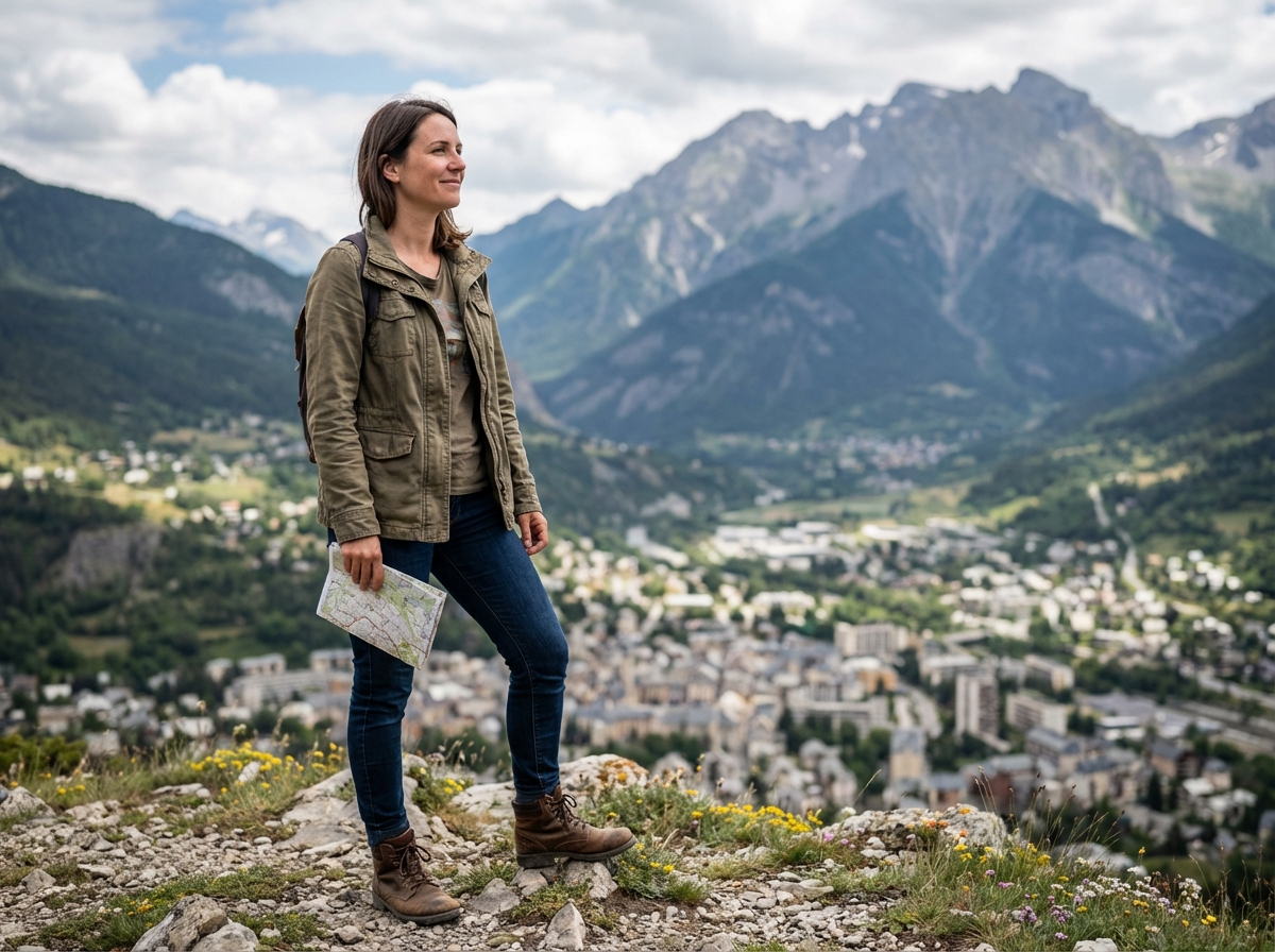 Femme en randonnée avec carte sur un panorama alpin
