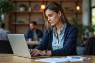 Femme en reconversion professionnelle utilisant une plateforme Moodle Greta sur son ordinateur portable dans un espace de coworking moderne